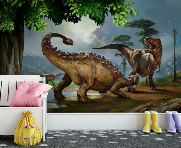 Pintura de dinosaurios cerca de un río Pintura de dinosaurios cerca de un río