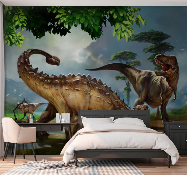 Pintura de dinosaurios cerca de un río Pintura de dinosaurios cerca de un río