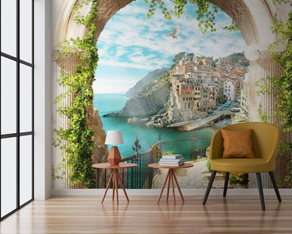 Arco de piedra con vistas a una ciudad y al agua Arco de piedra con vistas a una ciudad y al agua