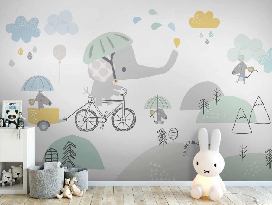 Elefante de dibujos animados montando en bicicleta