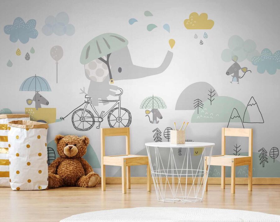 Elefante de dibujos animados montando en bicicleta