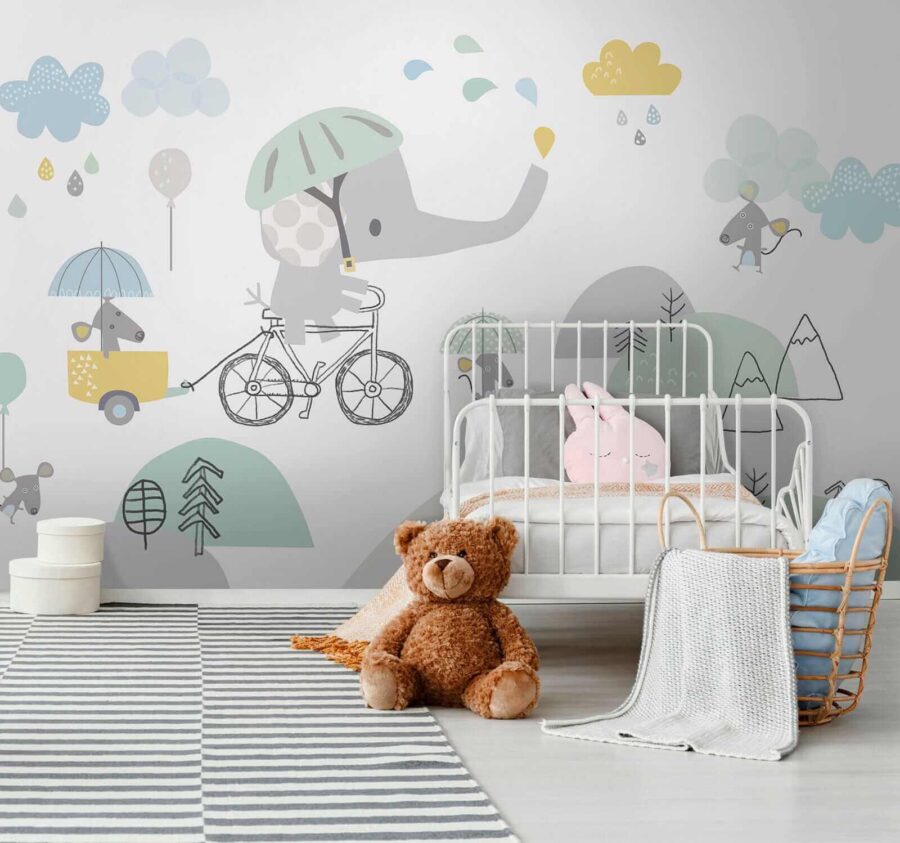 Elefante de dibujos animados montando en bicicleta