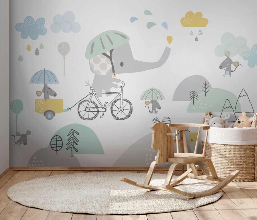 Elefante de dibujos animados montando en bicicleta
