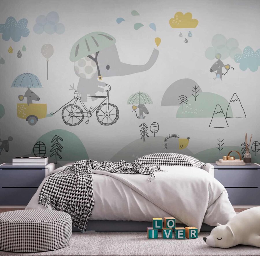 Elefante de dibujos animados montando en bicicleta