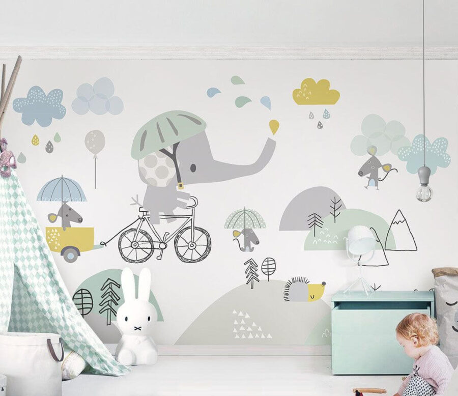 Elefante de dibujos animados montando en bicicleta