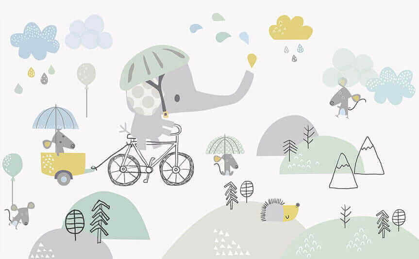 Elefante de dibujos animados montando en bicicleta