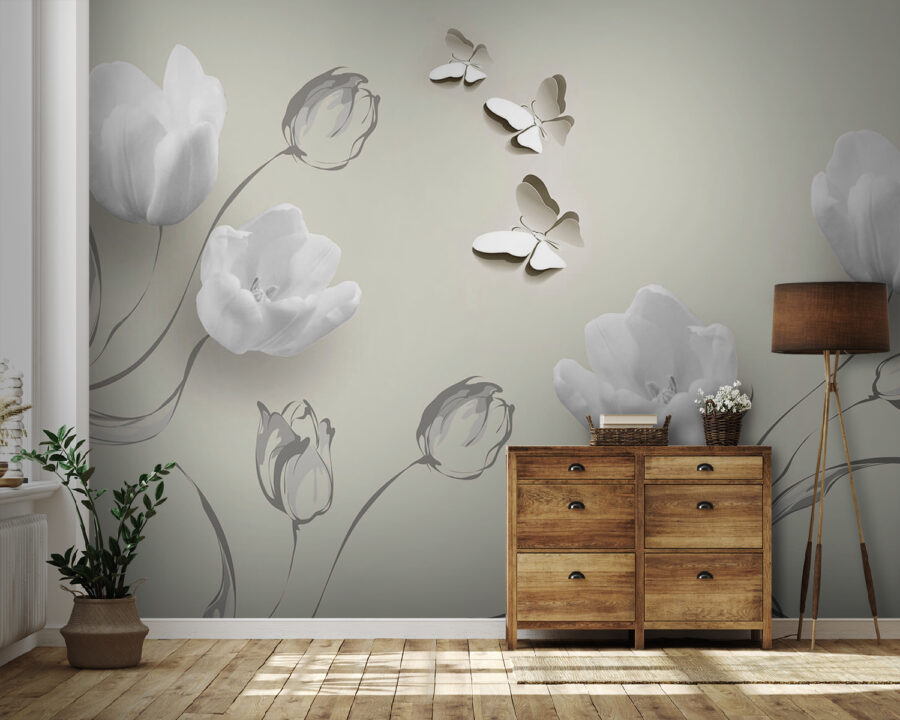 Flores blancas y mariposas