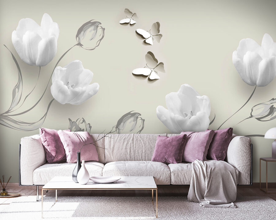 Flores blancas y mariposas