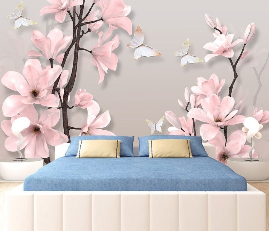 Flores rosas y mariposas en un árbol