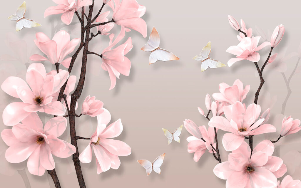 Flores rosas y mariposas en un árbol Flores rosas y mariposas en un árbol