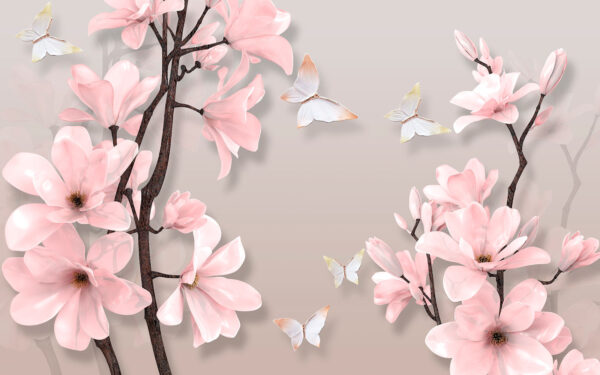 Flores rosas y mariposas en un árbol Flores rosas y mariposas en un árbol