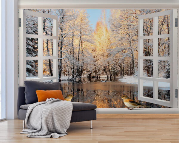Ventana con pájaros mirando a un lago Ventana con pájaros mirando a un lago