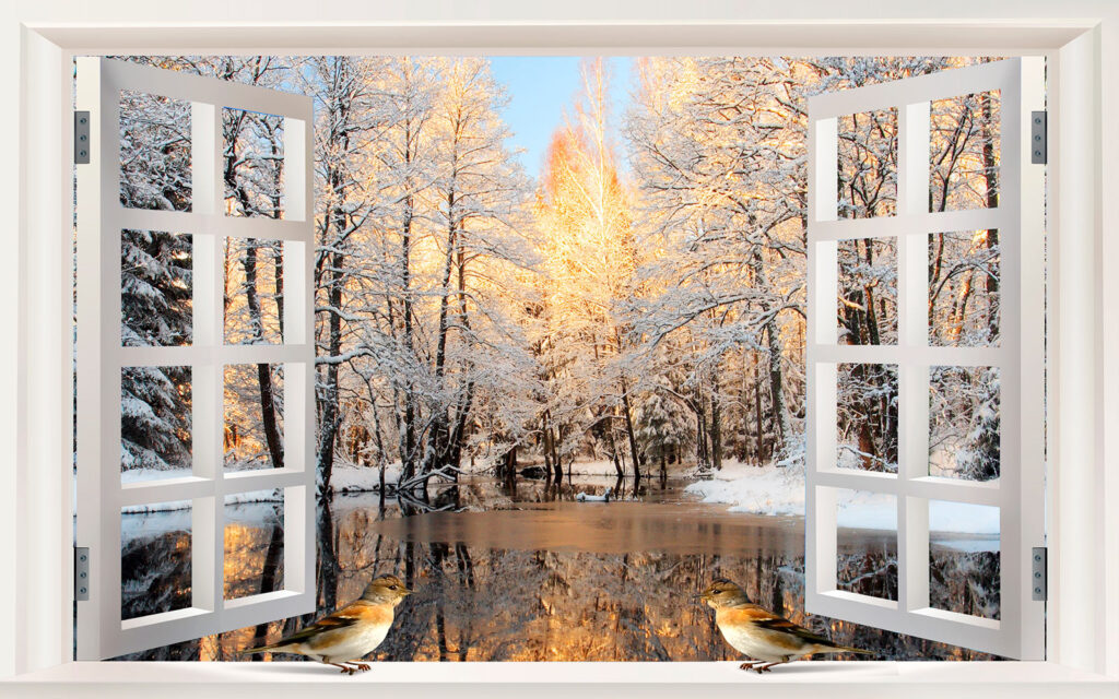 Ventana con pájaros mirando a un lago Ventana con pájaros mirando a un lago