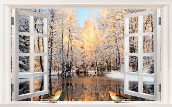 Ventana con pájaros mirando a un lago Ventana con pájaros mirando a un lago