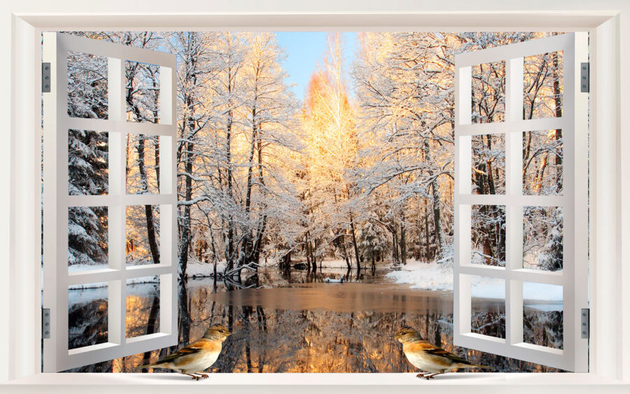 Ventana con pájaros mirando a un lago Ventana con pájaros mirando a un lago