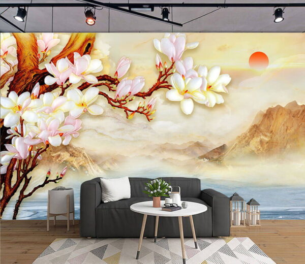 Pintura de una rama con flores y montañas al fondo Pintura de una rama con flores y montañas al fondo