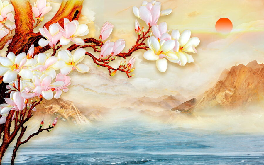 Pintura de una rama con flores y montañas al fondo