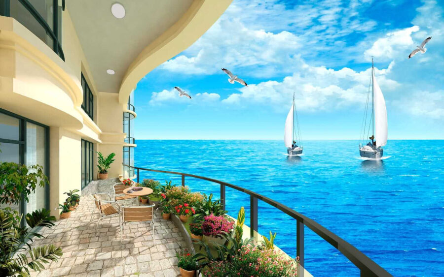Balcón con vistas al océano y a los barcos
