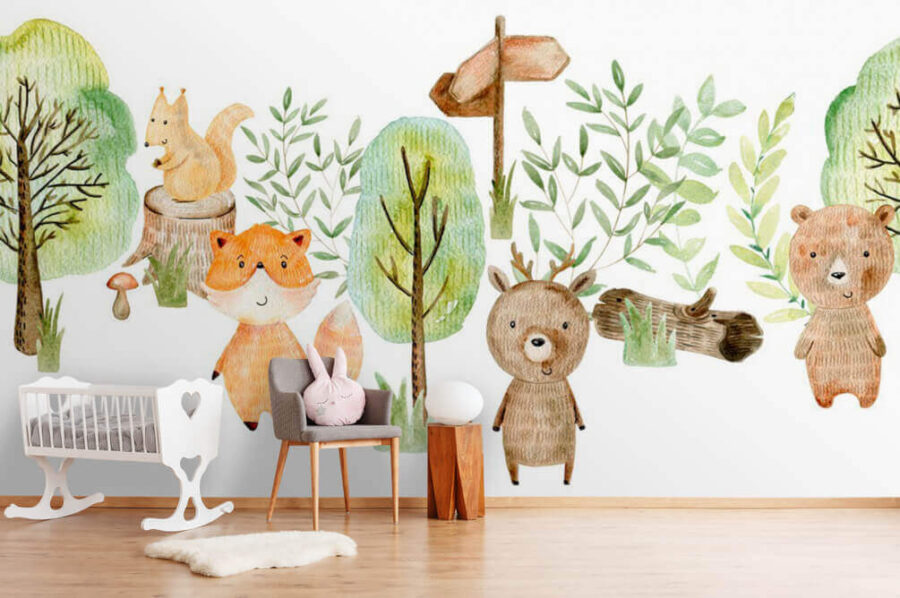 Ilustración en acuarela de animales y árboles