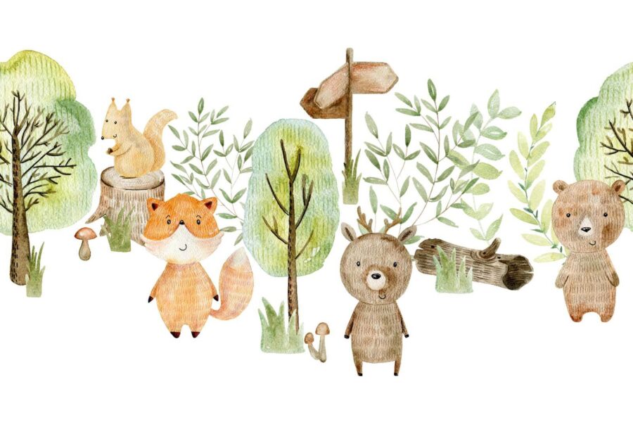 Ilustración en acuarela de animales y árboles