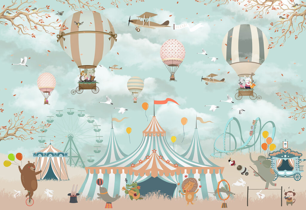 Carpa de circo con globos aerostáticos y pájaros Carpa de circo con globos aerostáticos y pájaros