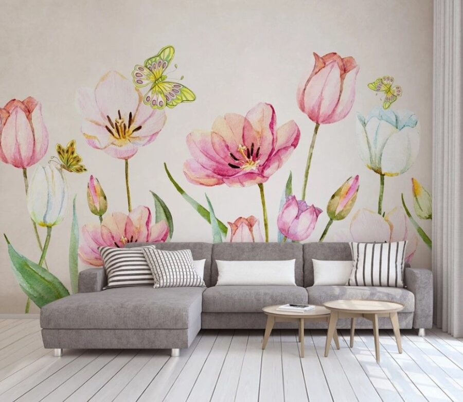 Pintura de flores y mariposas