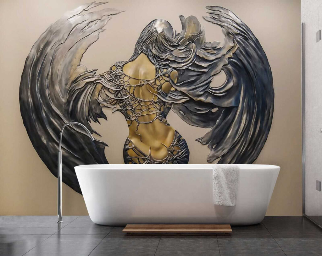 Metal sculpture of a woman with wings