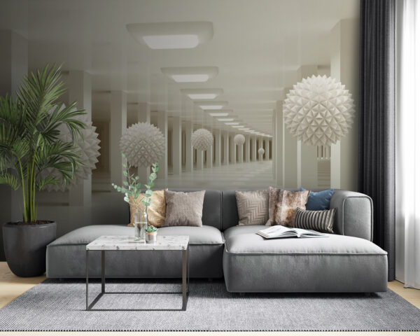 Habitación blanca con bolas blancas desde el techo Habitación blanca con bolas blancas desde el techo