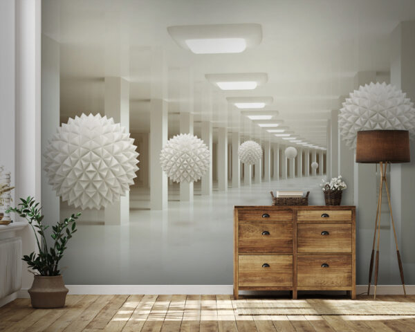 Habitación blanca con bolas blancas desde el techo Habitación blanca con bolas blancas desde el techo