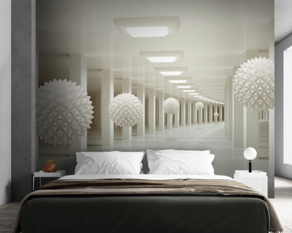 Habitación blanca con bolas blancas desde el techo Habitación blanca con bolas blancas desde el techo