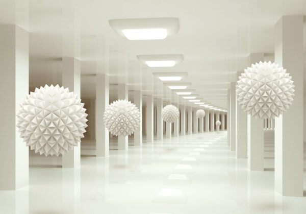 Habitación blanca con bolas blancas desde el techo Habitación blanca con bolas blancas desde el techo