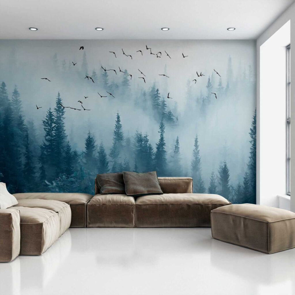 Birds flying over a forest