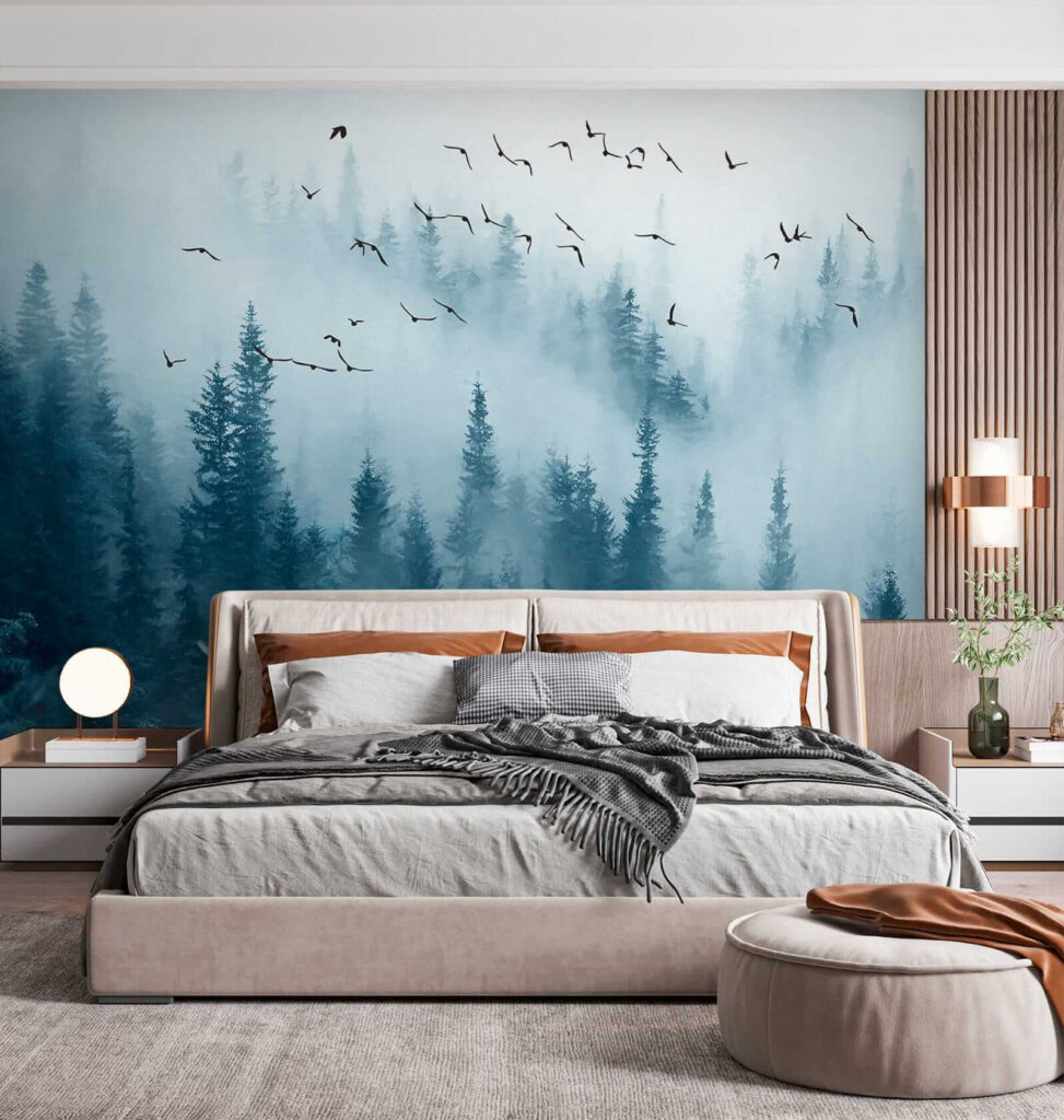 Birds flying over a forest