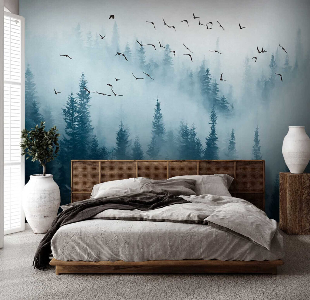 Birds flying over a forest