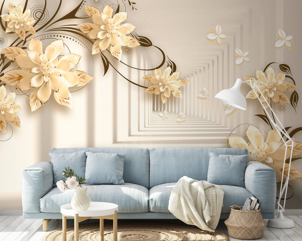 Wallpaper with flowers and butterflies