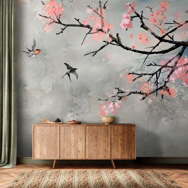 Rama de árbol con flores rosas y pájaros volando Rama de árbol con flores rosas y pájaros volando