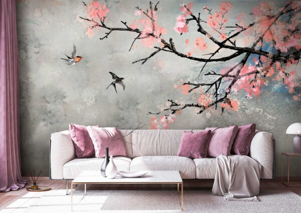 Rama de árbol con flores rosas y pájaros volando Rama de árbol con flores rosas y pájaros volando