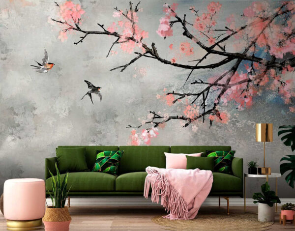Rama de árbol con flores rosas y pájaros volando Rama de árbol con flores rosas y pájaros volando