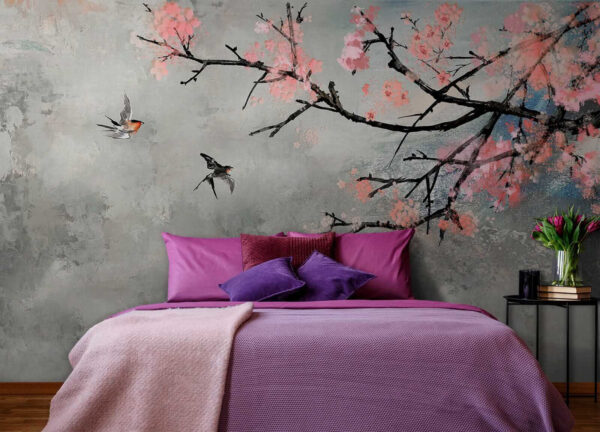 Rama de árbol con flores rosas y pájaros volando Rama de árbol con flores rosas y pájaros volando