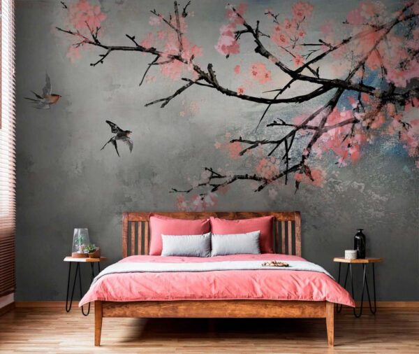 Rama de árbol con flores rosas y pájaros volando Rama de árbol con flores rosas y pájaros volando