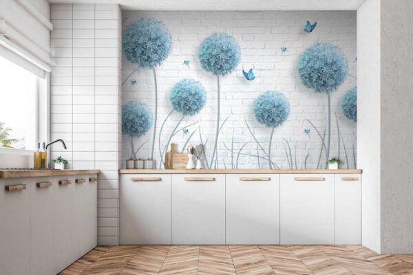 Papel pintado con flores azules y mariposas Papel pintado con flores azules y mariposas