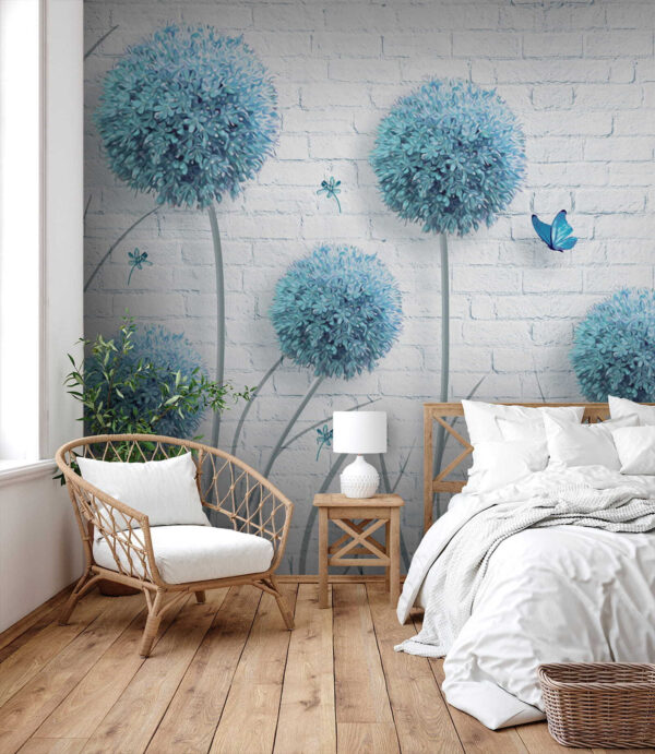 Papel pintado con flores azules y mariposas Papel pintado con flores azules y mariposas