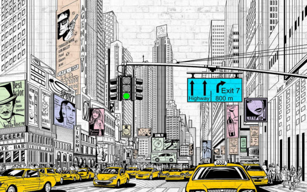 Dibujo de una calle urbana con coches y edificios Dibujo de una calle urbana con coches y edificios