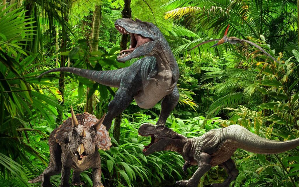Grupo de dinosaurios en un bosque Grupo de dinosaurios en un bosque