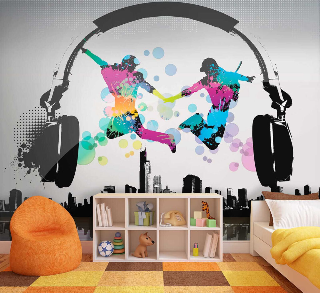 Couple of people jumping in the air with headphones Couple of people jumping in the air with headphones