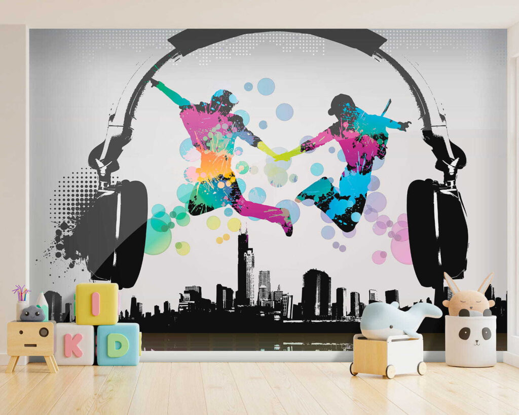 Couple of people jumping in the air with headphones Couple of people jumping in the air with headphones