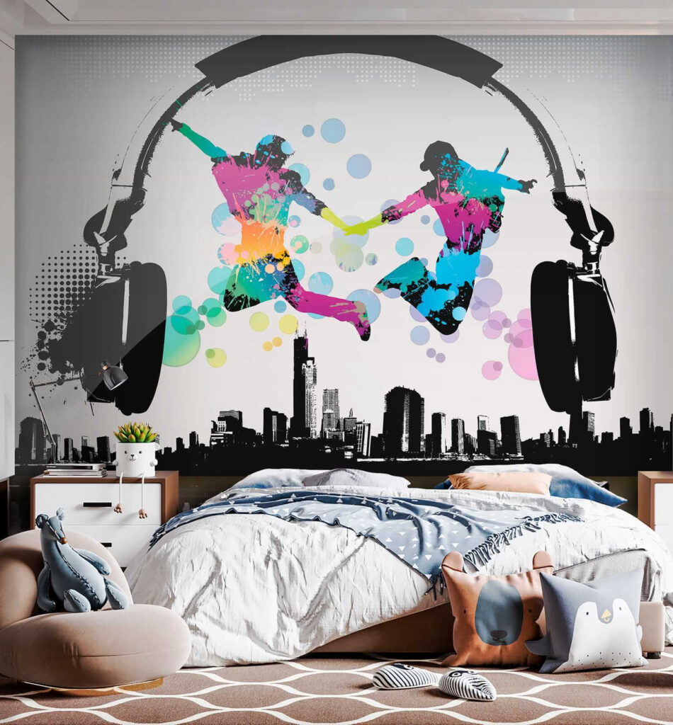 Couple of people jumping in the air with headphones Couple of people jumping in the air with headphones