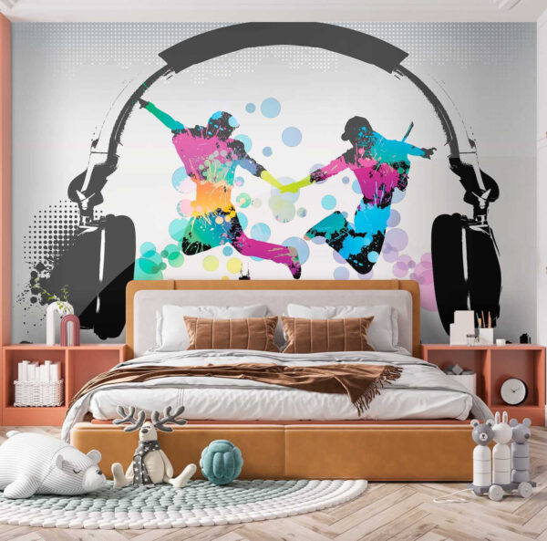 Couple of people jumping in the air with headphones Couple of people jumping in the air with headphones
