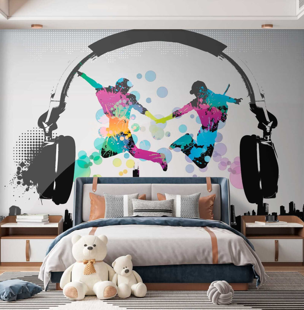 Couple of people jumping in the air with headphones Couple of people jumping in the air with headphones