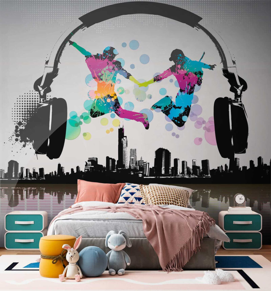 Couple of people jumping in the air with headphones Couple of people jumping in the air with headphones